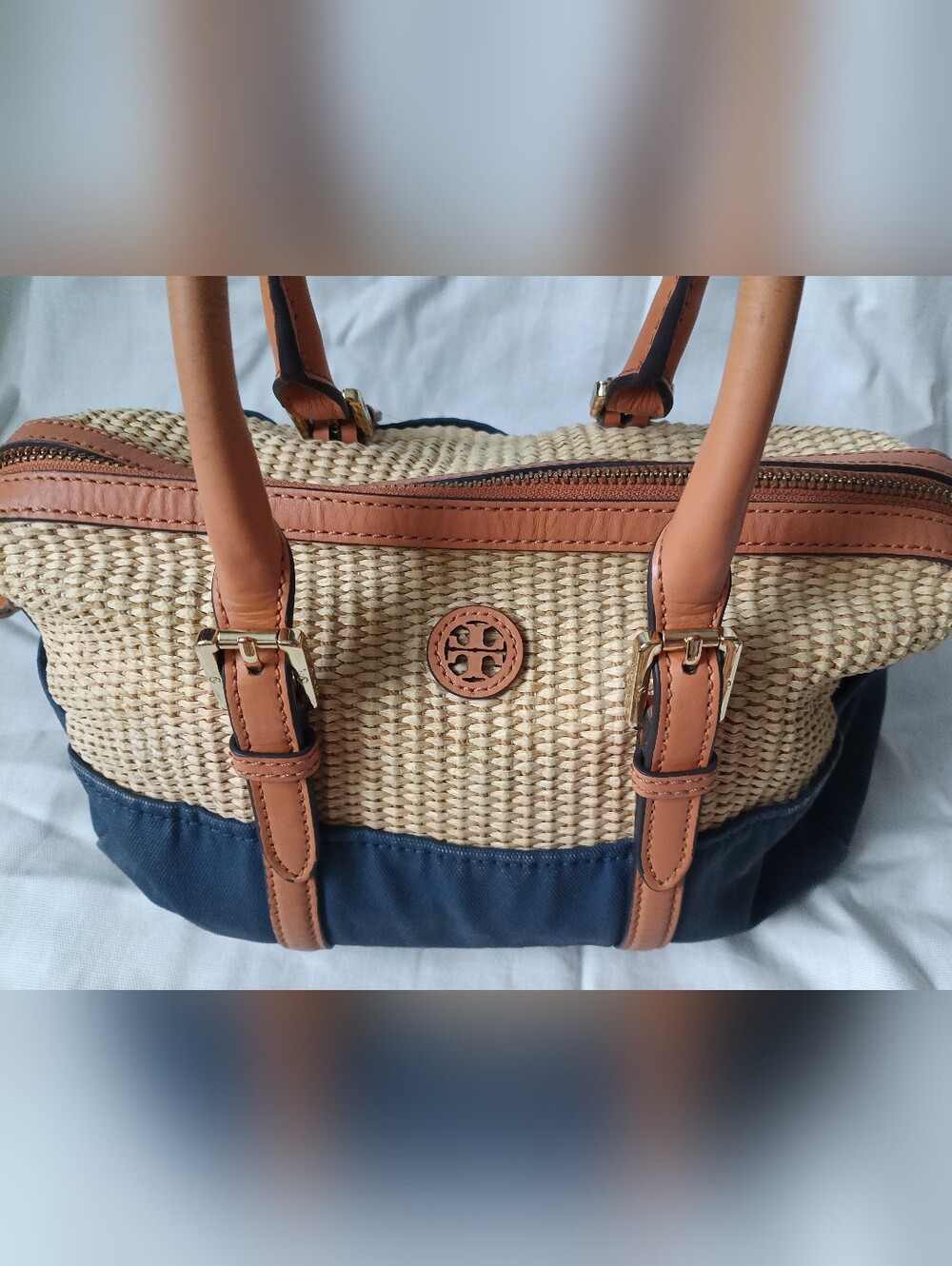 Tory Burch Navy Canvas & Natural Raffia Satchel - Picture 5 of 16